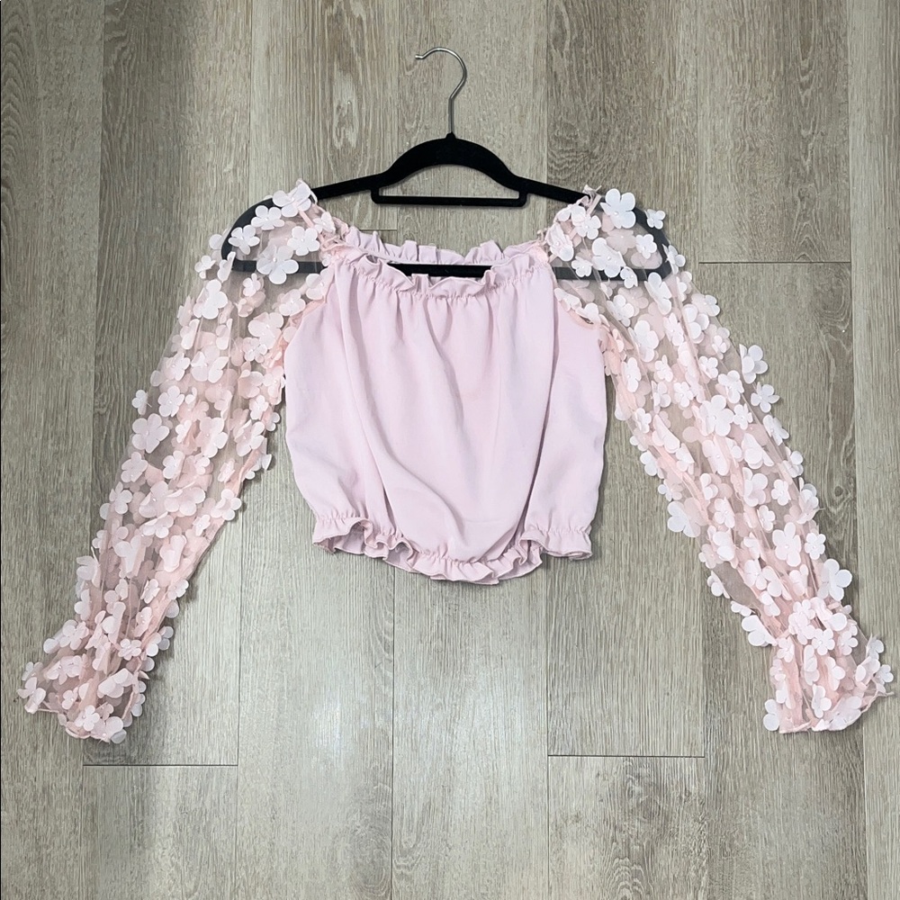 Altar’d State Blush Pink Shimmer Floral Mesh Bubble Sleeve Crop Top